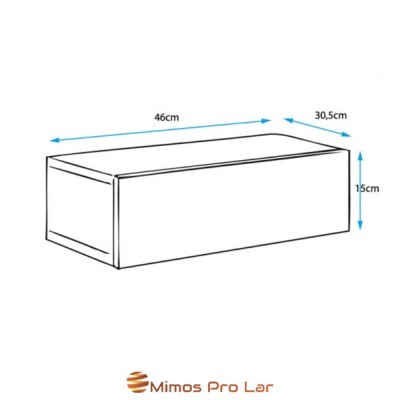 Desenho de uma caixa retangular com dimensões e texto 'Mimos Pro Lar'
