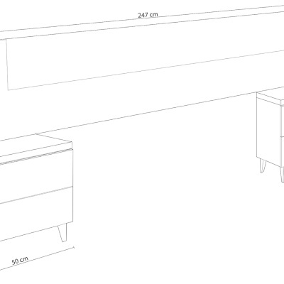 Desenho técnico de uma cabeceira e duas mesas de cabeceira com medidas anotadas
