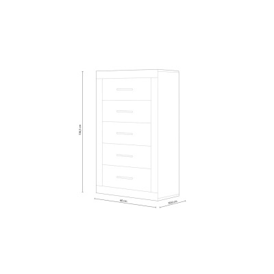 Desenho técnico de cómoda com cinco gavetas e medidas