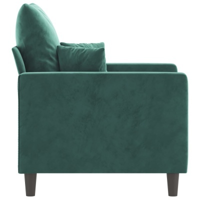 Sofá verde-azulado de veludo com almofada, pés de madeira e design moderno