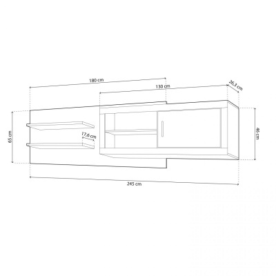 Desenho técnico de móvel de parede com prateleiras abertas e porta, com dimensões indicadas.