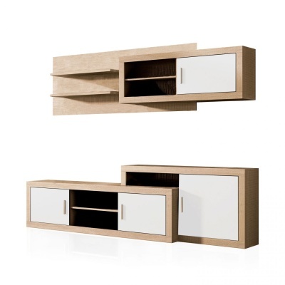 Conjunto de móveis em madeira clara e portas brancas para sala