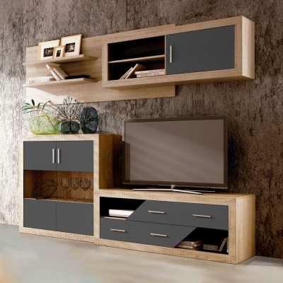 Conjunto de mobiliário em madeira clara e cinza escuro para sala