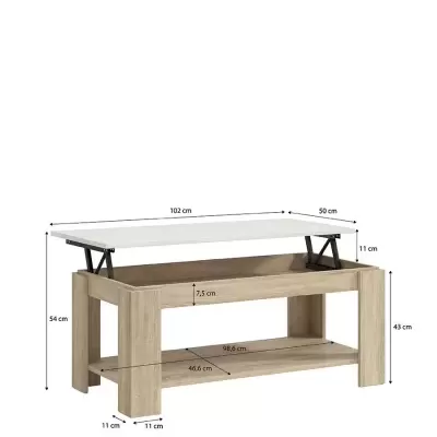 Mesa de centro madeira clara com tampo branco elevatório e prateleira inferior