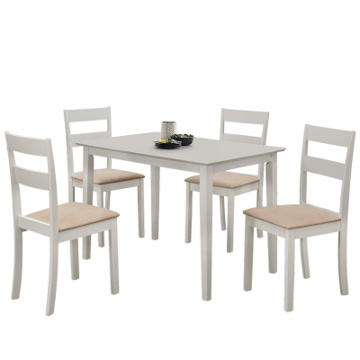 Conjunto de mesa de jantar branca com quatro cadeiras com assentos almofadados bege