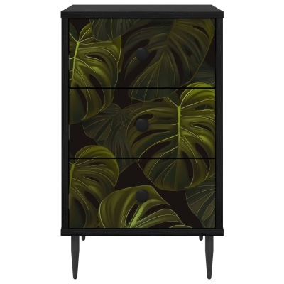 Cómoda preta com padrão de folhas verdes tropicais nas gavetas
