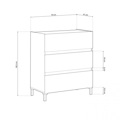 Desenho técnico de cómoda com três gavetas e medidas em centímetros