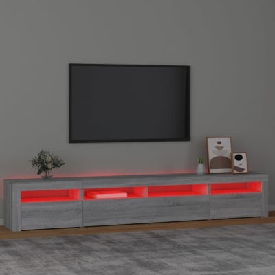 Móvel de TV cinzento com luzes LED vermelhas e decoração minimalista