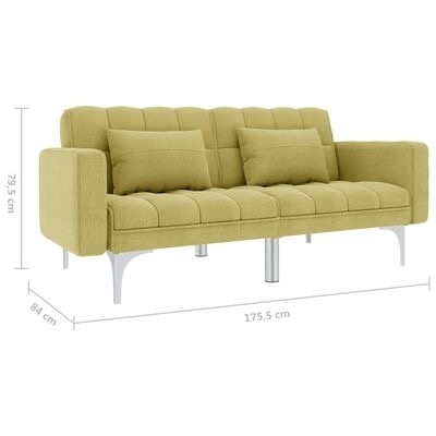 Sofá verde claro de três lugares com almofadas e pés metálicos prateados