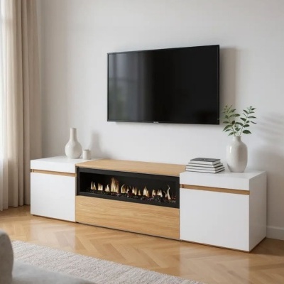 Móvel de sala com lareira elétrica de vidro, televisão montada na parede, vasos decorativos e livros