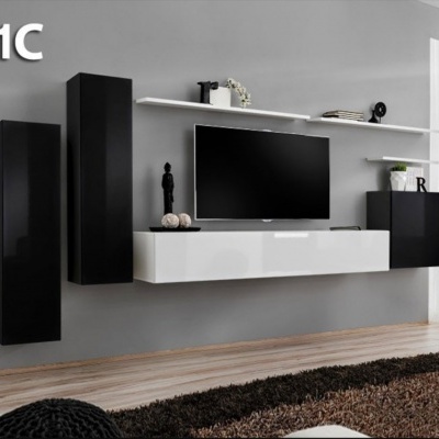 Móveis de parede modernos preto e branco com televisão numa sala cinzenta