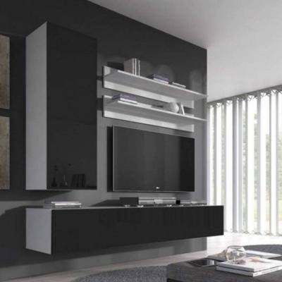 Móvel suspenso preto e branco com TV LG, prateleiras e janela com persianas verticais