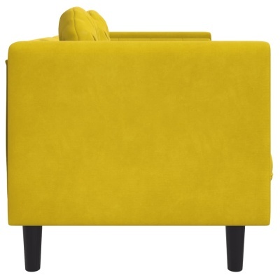 Sofá amarelo de tecido visto de lado com pernas pretas cilíndricas
