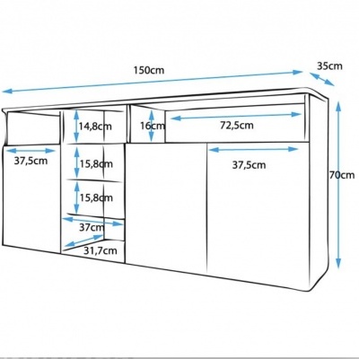 Desenho técnico com medidas de móvel de madeira para sala