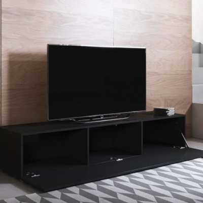 Móvel preto para televisão com compartimentos e televisão em sala moderna