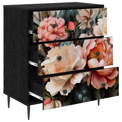 Cômoda preta com três gavetas estampadas com flores coloridas e puxadores pretos redondos