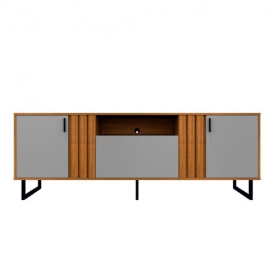 Aparador de madeira com portas cinzentas e pernas pretas