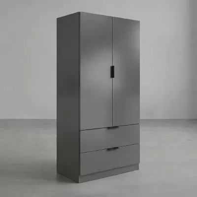 Roupeiro cinza com duas portas e duas gavetas