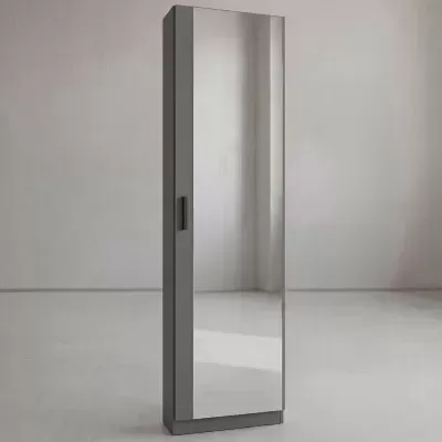 Móvel cinzento com porta espelhada e puxador preto num ambiente interior claro