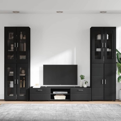 Móveis de sala de estar pretos com portas de vidro e móvel para TV