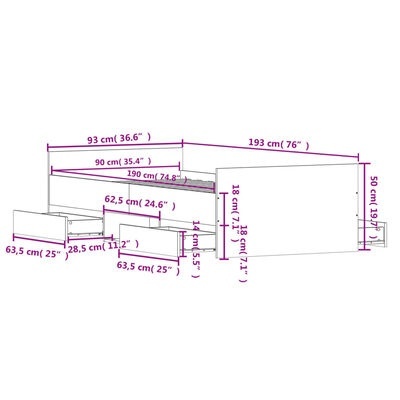 Diagrama técnico de mobília branca com medições em cm e polegadas
