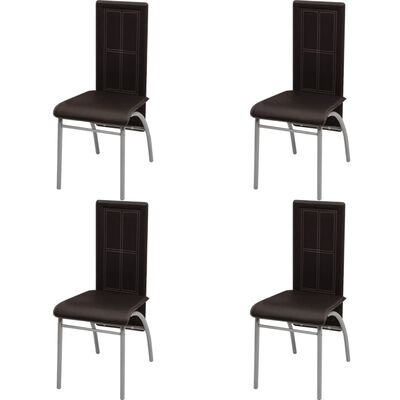 Quatro cadeiras pretas com estrutura metálica prateada sobre fundo branco