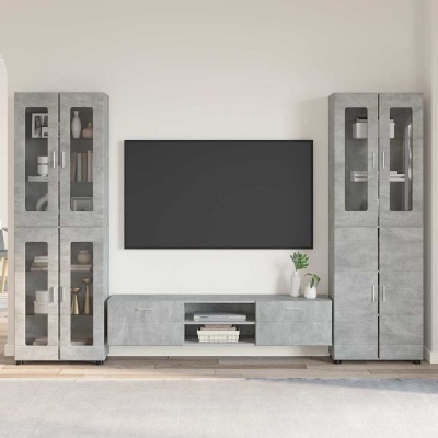 Conjunto móvel de sala cinza claro com textura cimento e portas de vidro, decoração com vasos e livros