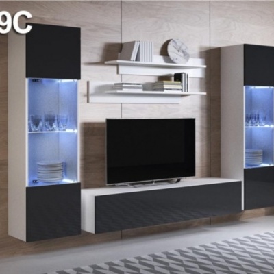Conjunto moderno de móveis para sala de estar com estantes iluminadas e móvel para TV
