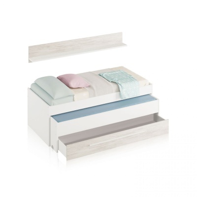 Cama individual branca com gavetão e cabeceira em madeira clara, roupa de cama colorida