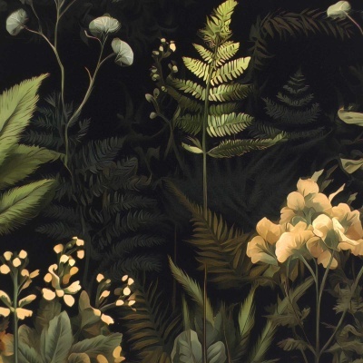 Papel de parede com padrão de folhagens e flores em tons naturais