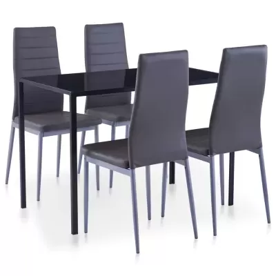 Conjunto de mesa de jantar com tampo preto e quatro cadeiras cinzentas