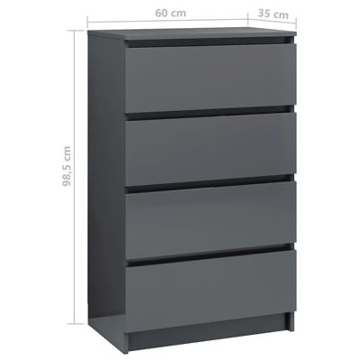 Cômoda cinzenta com quatro gavetas e dimensões indicadas