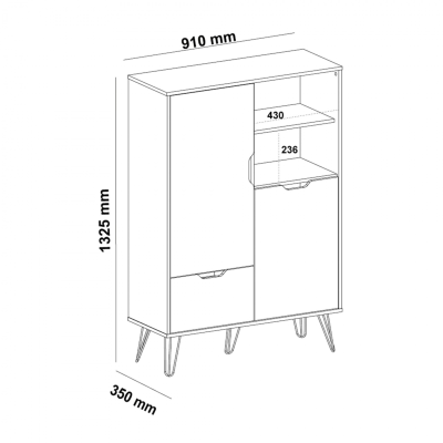 Desenho técnico de móvel com portas, gaveta e duas prateleiras com dimensões indicadas.