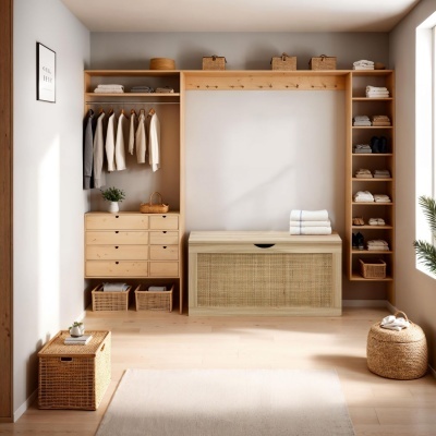 Roupeiro modular em madeira clara com gavetas, prateleiras e cabides, ambiente minimalista e luz natural