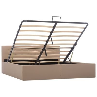 Cama de casal bege estofada com arrumação e estrutura de ripas eleváveis