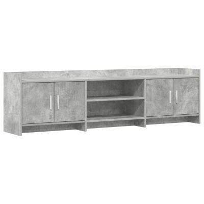 Móvel cinzento tipo cimento com portas e prateleiras abertas