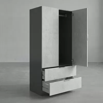Roupeiro cinza moderno com portas e gavetas abertas
