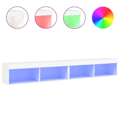 Móvel de parede branco com nichos iluminados em azul e círculos de luzes em várias cores