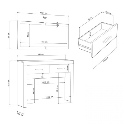 Desenho técnico de móvel com duas gavetas e espelho com medidas em cm