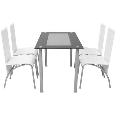 Conjunto de mesa de jantar com tampo em vidro preto e quatro cadeiras brancas
