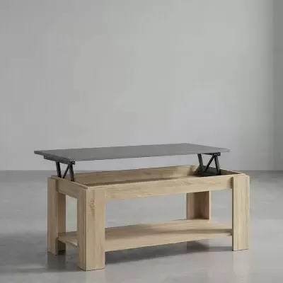 Mesa de centro em madeira clara com tampo móvel cinza escuro