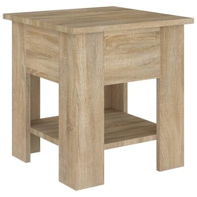 Mesa de madeira clara com prateleira inferior e pernas robustas