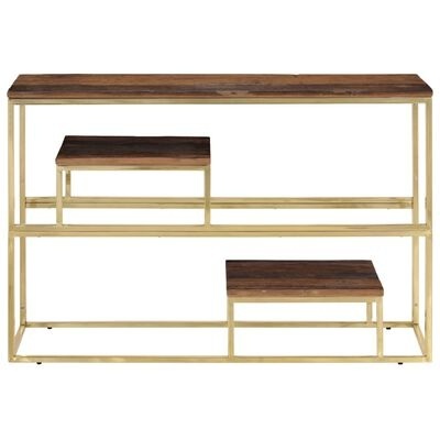 Mesa consola dourada com tampo e assentos de madeira