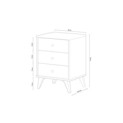 Desenho técnico de móvel de três gavetas com medidas