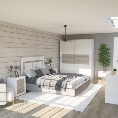 Quarto moderno com cama de casal branca e cinzenta, mesa de cabeceira, armário, candeeiro e planta