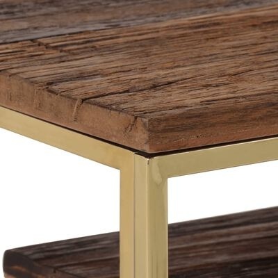 Mesa com tampo e prateleira em madeira e estrutura metálica dourada