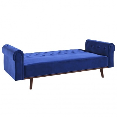 Sofá-cama azul com braços enrolados e botões decorativos