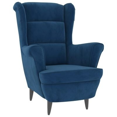 Poltrona azul tipo 'wingback' com estofos almofadados e pés em madeira castanha