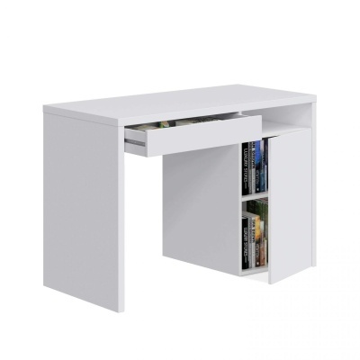 Secretária branca com gaveta aberta e armário lateral, design simples e moderno