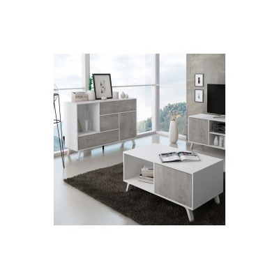 móveis de sala de estar em madeira branca e cinzenta com mesa de centro e móvel de TV